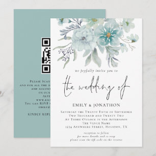 Sea Mist Watercolor Florals QR Code Wedding Invitation