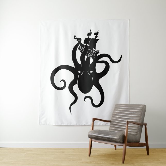 Sea Monster Black and White Kraken with Ship Tapestry (In Situ)