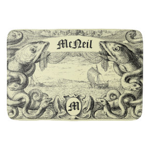 Sea Monster Nautical Steampunk Cartouche Bath Mat