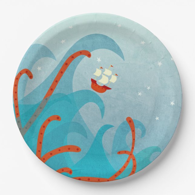 Sea Monster Sailing Boat Paper Plates (Front)