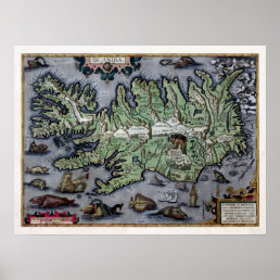 Sea Monsters of Iceland 1585 Map Poster