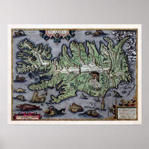 Sea Monsters of Iceland 1585 Map Poster