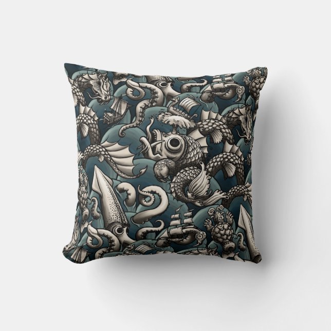 Sea Monsters Throw Pillow (Front)