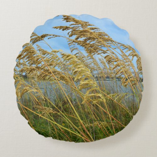 Sea Oats Yellow And Blue Beach Theme Round Pillow