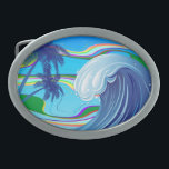 Sea Ocean big Wave Water Belt Buckle<br><div class="desc">Big Blue Ocea Sea Wave on tropical and Colorful Sky,  and Palm trees,  a perfect pic for Summer Holidays Fun and Surf!</div>