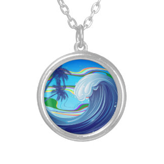 Sea Ocean big Wave Water Double-Sided keychain Silver Plated Necklace