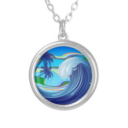 Sea Ocean big Wave Water Double_Sided keychain Silver Plated Necklace