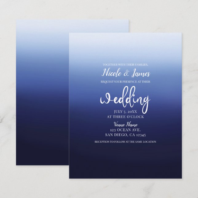 Sea Ocean Blue Modern Minimal Beach Wedding Invitation (Front/Back)