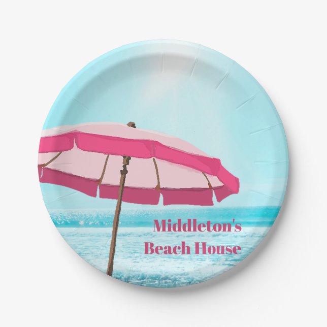 Sea Ocean Blue Summer Surf Pink Beach Umbrella Paper Plates (Front)