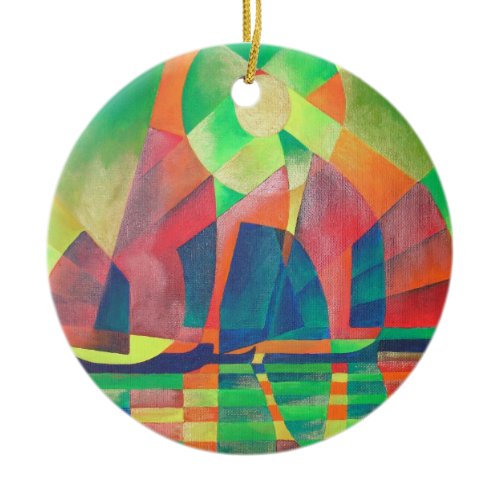 Sea of Green With Cubist Abstract Junks Ceramic Ornament