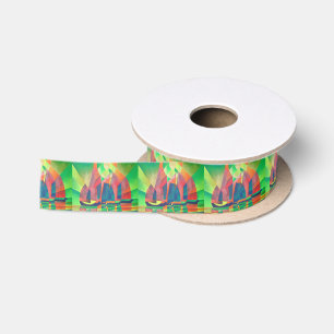 Sea of Green With Cubist Abstract Junks Satin Ribbon