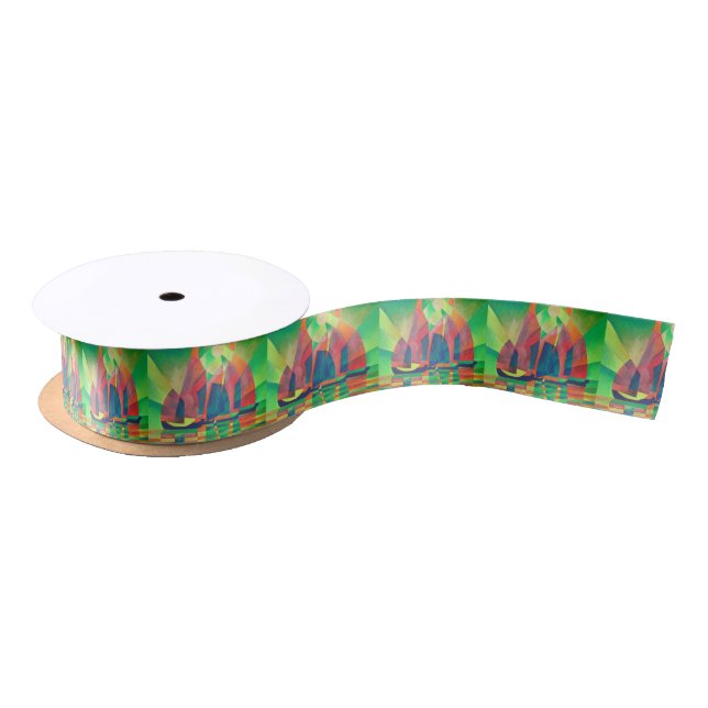 Sea of Green With Cubist Abstract Junks Satin Ribbon (Spool)