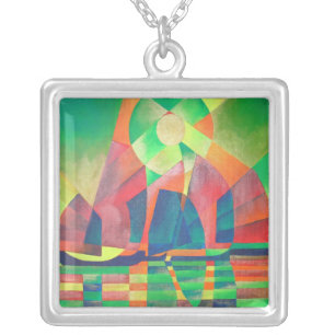 Sea of Green With Cubist Abstract Junks Silver Plated Necklace