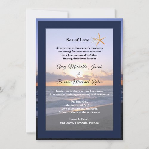 Sea of Love  Beach Sunset Starfish Wedding  Invit Invitation
