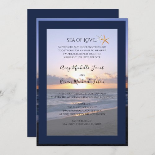 Sea of Love  Beach Sunset Starfish Wedding  Invitation