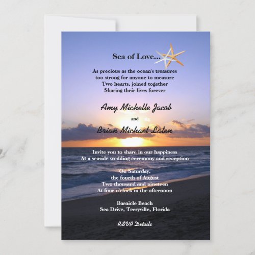 Sea of Love  Beach Sunset Starfish Wedding Invitation