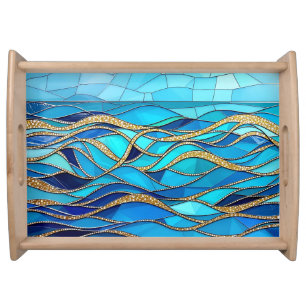 Sea of Waves Blue and Gold Mosaic Art Serving Tray
