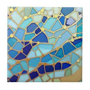 Sea of Waves Blue and Gold Mosaic Fine Art Ceramic Tile