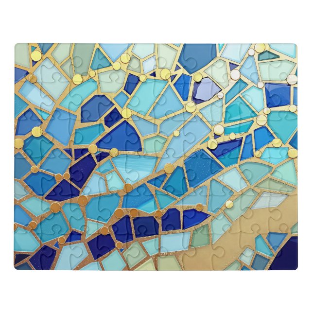 Sea of Waves Blue and Gold Mosaic Fine Art Jigsaw Puzzle (Puzzle Horizontal)