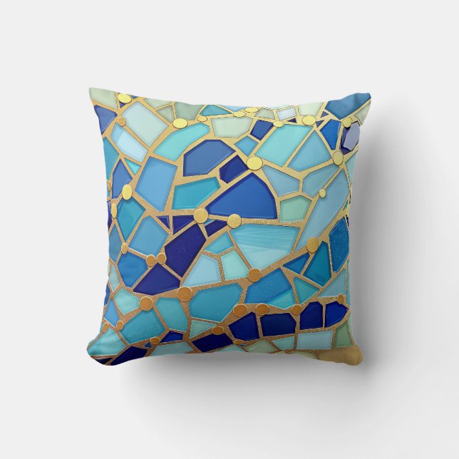 Sea of Waves Blue and Gold Mosaic Fine Art Throw Pillow (Front)