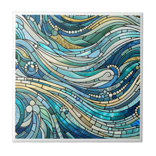 Sea of Waves Teal Mosaic Fine Art Ceramic Tile