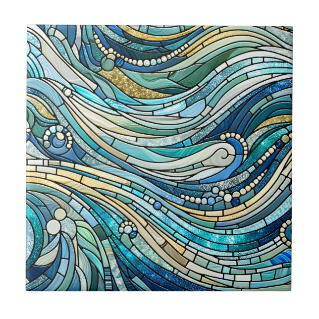 Sea of Waves Teal Mosaic Fine Art Ceramic Tile (Front)