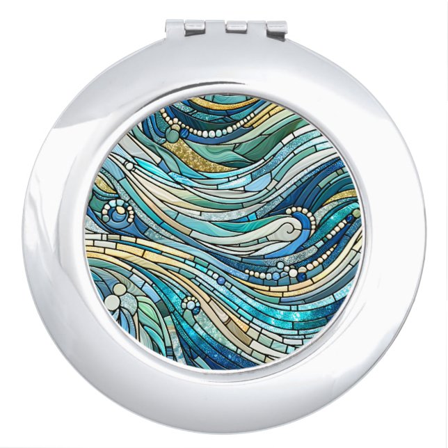 Sea of Waves Teal Mosaic Fine Art Compact Mirror (Front)