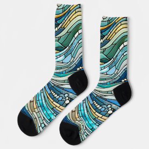 Sea of Waves Teal Mosaic Fine Art Socks