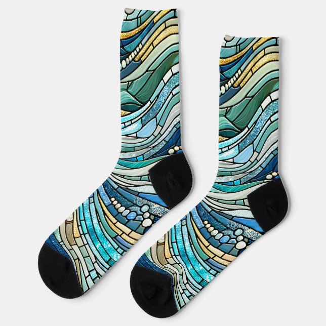 Sea of Waves Teal Mosaic Fine Art Socks (Left)