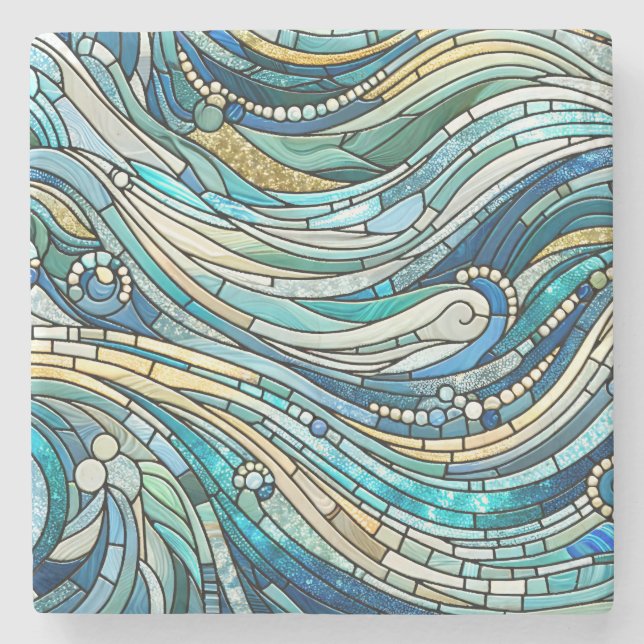 Sea of Waves Teal Mosaic Fine Art Stone Coaster (Front)