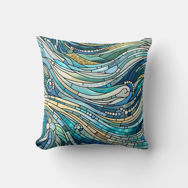 Sea of Waves Teal Mosaic Fine Art Throw Pillow (Front)