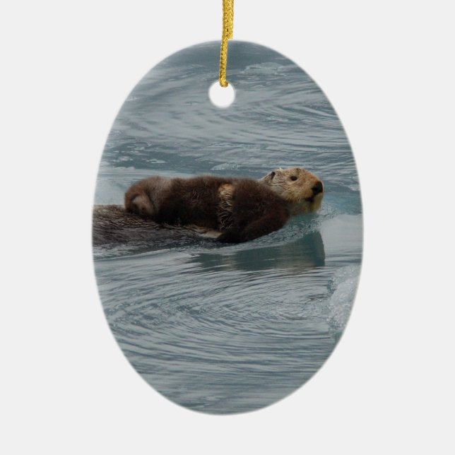 sea otter and baby ceramic ornament (Front)