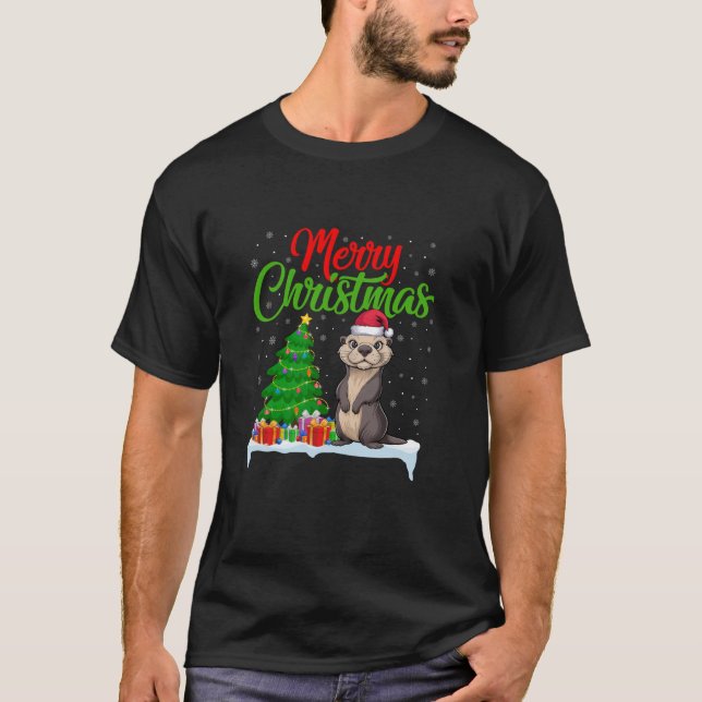 Sea Otter Christmas Tree Lights Funny Xmas Sea Ott T-Shirt (Front)