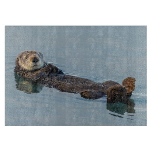 Sea otter floating on back in ocean cutting board