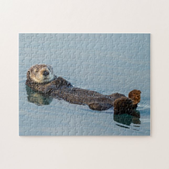 Sea otter floating on back in ocean jigsaw puzzle (Horizontal)