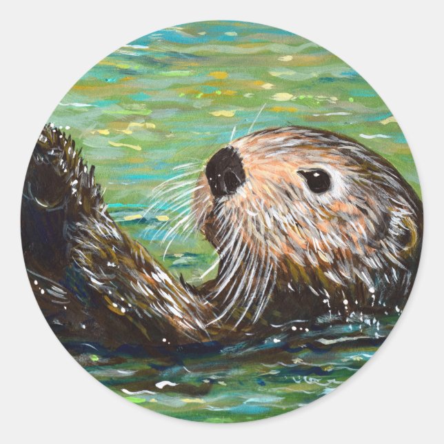 Sea Otter Painting Classic Round Sticker (Front)