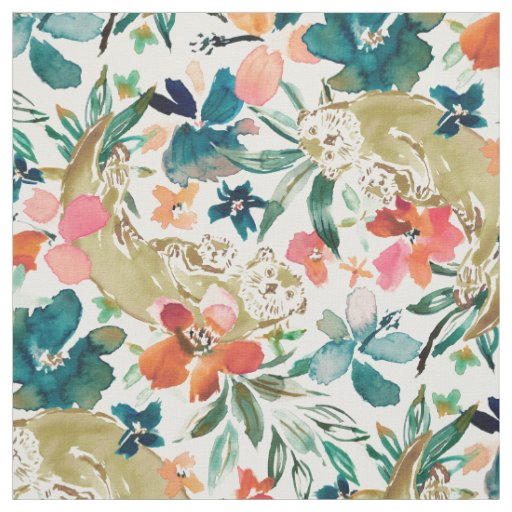 SEA OTTER PARADISE Cute Floral Watercolor Fabric
