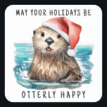 Sea Otter Santa Coastal Christmas Square Sticker<br><div class="desc">Add a splash of whimsical fun to your season's greetings with these nautical stickers featuring a watercolor sea otter Santa in the ocean saying 'may your holidays be otterly happy'. The text can be personalized and you can use these to put on gifts, favors and as envelope seals. Perfect for...</div>