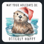 Sea Otter Santa Coastal Christmas Square Sticker<br><div class="desc">Add a splash of whimsical fun to your season's greetings with these nautical stickers featuring a watercolor sea otter Santa in the ocean saying 'may your holidays be otterly happy'. The text can be personalized and you can use these to put on gifts, favors and as envelope seals. Perfect for...</div>