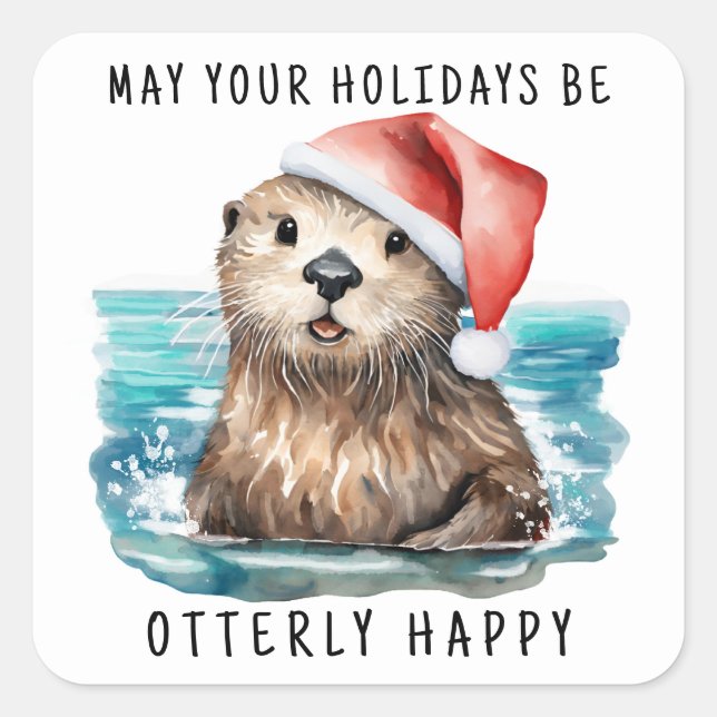Sea Otter Santa Coastal Christmas Square Sticker (Front)