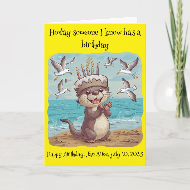 sea otter wearing cake birthday hat clapping card (Front)