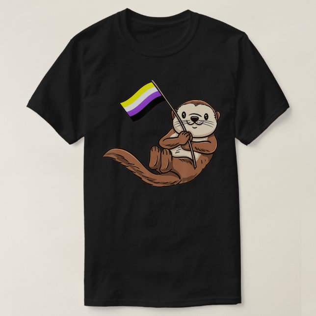 Sea Otter With Nonbinary Pride Flag  T-Shirt (Design Front)