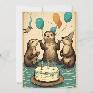 Sea Otters Birthday Party Flat Greeting Card