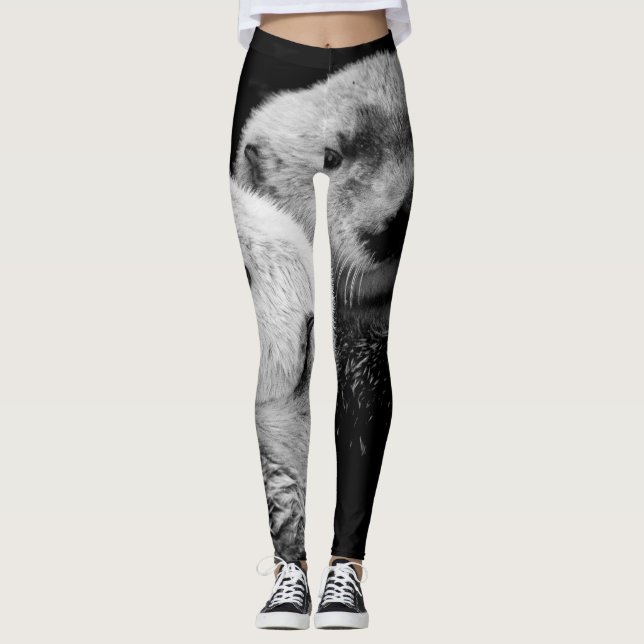 Sea Otters: Black White Pair. Leggings (Front)