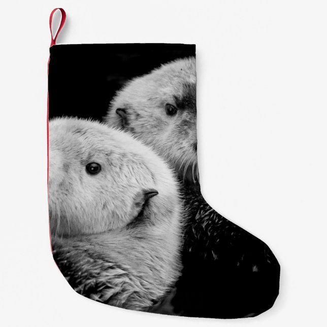 Sea Otters: Black White Pair. Small Christmas Stocking (Front)