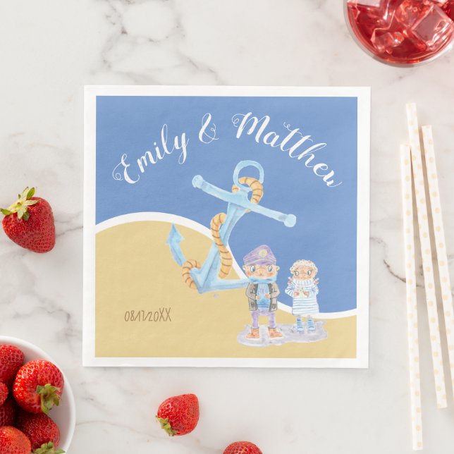 Sea Otters Cartoon Nautical Wedding Paper Napkins (Insitu)