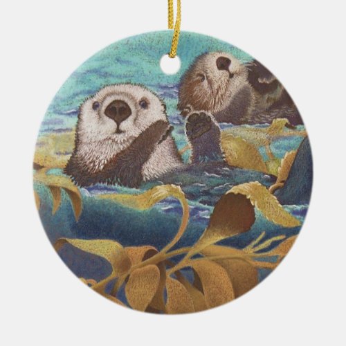 sea otters ceramic ornament