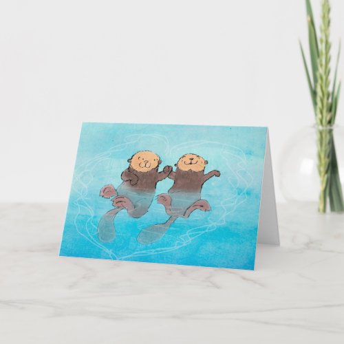 Sea otters holding hands Valentines Day card