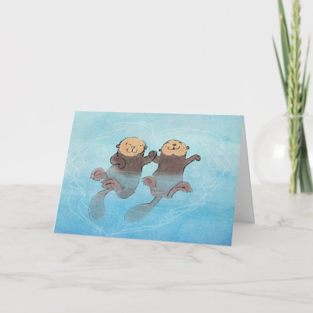Sea otters holding hands Valentine's Day card (Front)