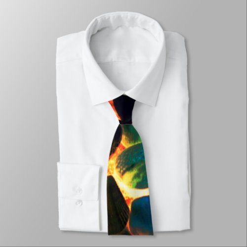 Sea oyster shell on flaming volcanic lava or fire neck tie